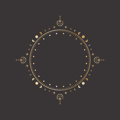 Wall Mural - vector mystical celestial round sticker with a golden frame with moon phases, stars, crescents and c
