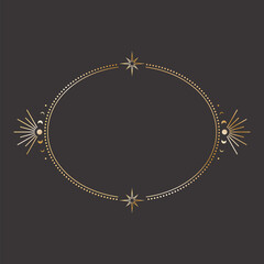 Vector mystical celestial sticker with a golden frame with stars, moon phases and copy space. Ornate oval shiny magical isolated label with moons and place for text