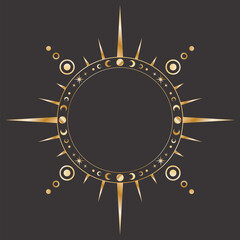 Wall Mural - vector mystical celestial round sticker with a golden frame with stars, moon phases, crescents and c