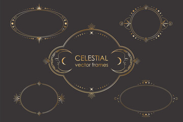Wall Mural - vector mystic celestial oval and round stickers set with a golden frames with stars, moon phases, cr