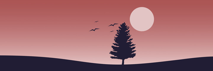 pine tree with bird silhouette at moonrise landscape vector illustration good for wallpaper, background, backdrop, banner, toursim, and design template