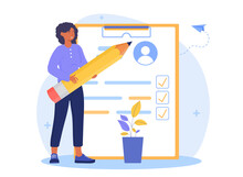 Career Development Concept. Girl Fills In Questionnaire. Character Ticks Off Those Goals That Have Already Been Completed. Employee With Big Pencil In Her Hands. Cartoon Flat Vector Illustration