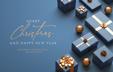 Wall Mural - Elegant Christmas card design with blue gifts, balls and text in 3D rendering. Merry Xmas and happy new year