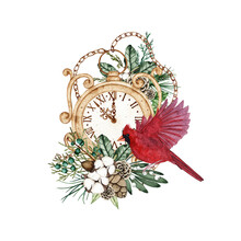 Watercolor Christmas Vintage Clock With Red Cardinal Bird, Pine Cones, Fir Branches Isolated On White Background. Winter Holiday Xmas Celebration Illustration