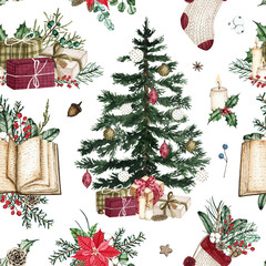 Wall Mural - Watercolor winter seamless pattern with christmas gift boxes, tree, candle isolated on white background. Xmas new year holiday illustration for fabric textile