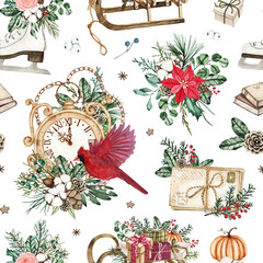 Wall Mural - Watercolor winter seamless pattern with christmas skates, vintage clock, old letters, bouquets isolated on white background. Xmas new year holiday illustration for fabric textile