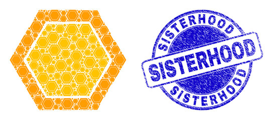 Poster - Vector honeycomb cell icon mosaic is done from randomized recursive honeycomb cell elements. Sisterhood rubber blue round seal imitation. Recursive combination from honeycomb cell icon.