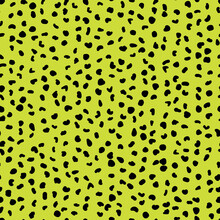Abstract Seamless Pattern From Small Shapes. Simple Background Of Irregular Spots. Abstract Wild Animal Skin Print. Random Spaced Black Spots. Vector Illustration On Lime Background