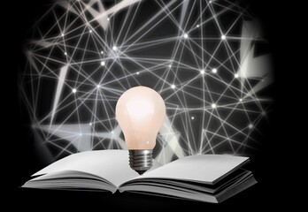 Wall Mural - Light bulbs and books. Concept of reading books, knowledge, and new ideas.