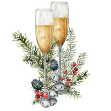 Watercolor Christmas Composition Of Wine Glasses, Jingle Bells And Fir Branches. Hand Painted White Wine Isolated On White Background. Holiday Illustration For Design, Print, Fabric Or Background.
