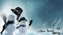Merry Christmas And Happy New Year Greeting Card With Copy-space.Many Snowmen Standing In Winter Christmas Landscape.Winter Background