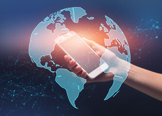 Poster - World Globe With Polygonal Dots Wireframe Over Female Hand Holding Smartphone