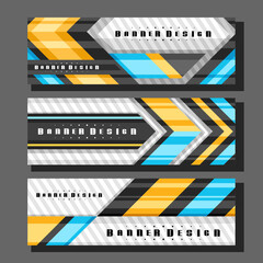 Wall Mural - Vector Headers Set, 3 colorful layouts with decorative design arrows with copy space for ad text, creative header templates for advertising, horizontal promo concepts with gray striped background.