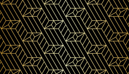 Wall Mural - Abstract geometric pattern with crossing golden lines and polygons on black background. Seamless linear design in Art Deco style. Stylish vector texture for textile fabric and wrapping.