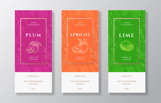 Home Fragrance Vector Label Templates Set. Hand Drawn Sketch Plums, Apricots, Lime and Flowers Background with Typography. Room Perfume Packaging Design Layouts Realistic Mockup. Isolated