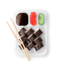 Wall Mural -  Sushi set in a plastic box close up isolated on a white background