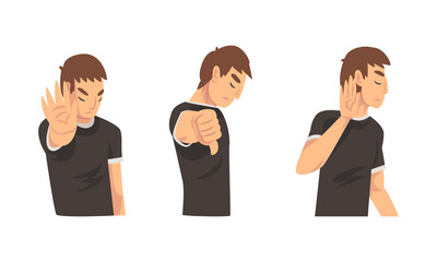 Sticker - Young Man Showing Thumb Down and Stop Gesture with His Palm Hand Vector Set