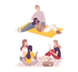 Sticker - People Character Having Picnic in the Park Sitting on Blanket with Hamper Reading Book and Talking Vector Set