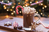 Fototapeta Tulipany - Cup of hot chocolate with marshmallow and candy cane in front of Christmas tree	