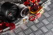 Car tuning accessories and equipment close up background. Motorsport.