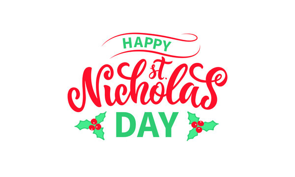 Happy Saint Nicholas Day handwritten text isolated on white background. Modern brush calligraphy, hand lettering for winter holiday on December 6. Vector illustration for print, poster, greeting card