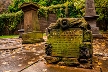 Liverpool, England. September 30, 2021. St. James Cemetery Next To Liverpool Cathedral With Names Inscribed On Gravestone