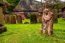 Liverpool, England. September 30, 2021. St. James Cemetery Next To Liverpool Cathedral With Angel Statue And Cross