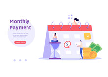 People Are Standing Near To A Calendar With A Due Date. Concept Of Payment Date, Finance Calendar, Financial Stability, Pay Day, Success. Vector Illustration In Flat Design