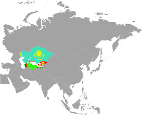 Poster - Map of countries of Central region of Asia with national flag inside gray map of Asia