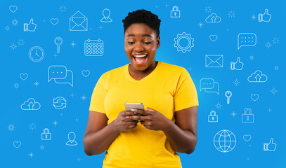 Poster - Black Woman Using Smartphone Over Blue Background With Diverse User Interface Icons