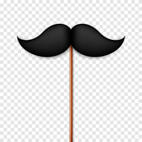 Realistic black mustache on a wooden stick. Fake paper mustache isolated on white background. Fashionable facial hair. Vintage design element. Creative vector illustration.