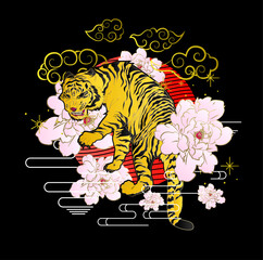 Wall Mural - tiger illustration design for sukajan is mean japan traditional cloth or t-shirt with digital hand drawn Embroidery Men T-shirts Summer Casual Short Sleeve Hip Hop T Shirt Streetwear