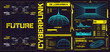 © ZinetroN - Cyberpunk retro futuristic poster set abstract cosmic shapes. Digital design elements hud style. Trendy 2022 shapes in cyberpunk style. Bar labels,info box bars. Futuristic info boxes layout templates
