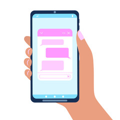 Wall Mural - Hand holding smartphone whit chat bot window. Lifechat form with message bubbles on phone screen. Virtual assistant, mobile messenger app, online customer support concept. Vector flat illustration