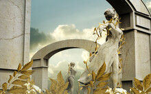 Isolated 3d Render Illustration Of Marble Greek Nature Nymph Goddess Statue Standing In Dancing Pose In Golden Leaf Garden With Stone Arch Background.