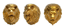 3d Render Illustration Of Golden Metal Lion Head In Different Angles.