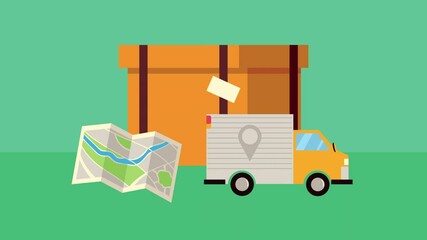 Poster - paper map with truck and box carton delivery service