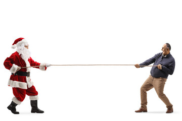 Poster - Full length profile shot of a mature man and santa claus pulling a rope