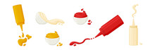Cartoon Sauce Splash Vector Set. Mayonnaise, Mustard, Tomato Ketchup In Bottles And Bowls. Various Hot Spice Sauces Spilled Strips, Drops And Spots. Food Illustration