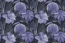Vector Floral Seamless Background With Dahlias And Lilies. Pattern With Purple Flowers And Leaves On A Dark Background. Design With Repeating Floral Elements For Wallpapers, Fabrics, And More.