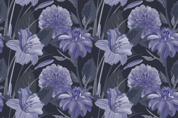  Vector floral seamless background with dahlias and lilies. Pattern with purple flowers and leaves on a dark background. Design with repeating floral elements for wallpapers, fabrics, and more.