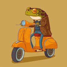 Sketch Drawn Vector Illustration Of Glad Humanized Frog. Anthropomorphic Frog. Animal Character With Human Body. Cheerful Trendy Dressed Frog Riding Yellow Retro Scooter In Style