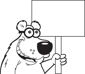 Wall Mural - Black and white illustration of a smiling bear wearing glasses holding a sign.