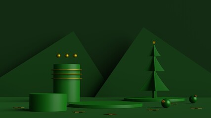 Fototapete - Minimal scene of green podium with geometric shape and pine trees on green background.Merry christmas and happy new year concept.3d rendering illustration.