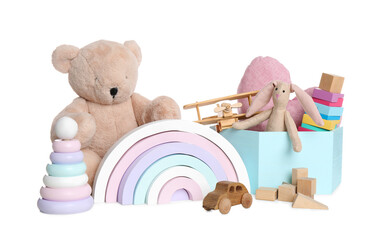 Wall Mural - Set of different cute toys on white background