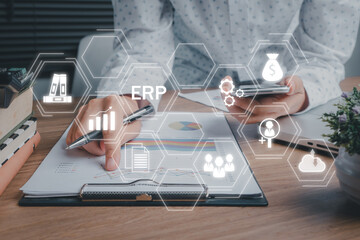 Fototapete - ERP, document management concept, Businesswoman working with smartphone and business chart and laptop computer with icons on virtual screen, Software for archiving, Business processes
