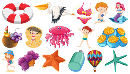 Wall Mural - Set of summer beach objects and cartoon characters