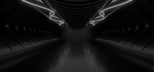 Fototapete - A dark tunnel lit by white neon lights. Reflections on the floor and walls. 3d rendering image.