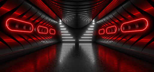 Wall Mural - Sci Fy neon lamps in a dark corridor. Reflections on the floor and walls. 3d rendering image.