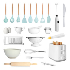  Set with different kitchenware on white background